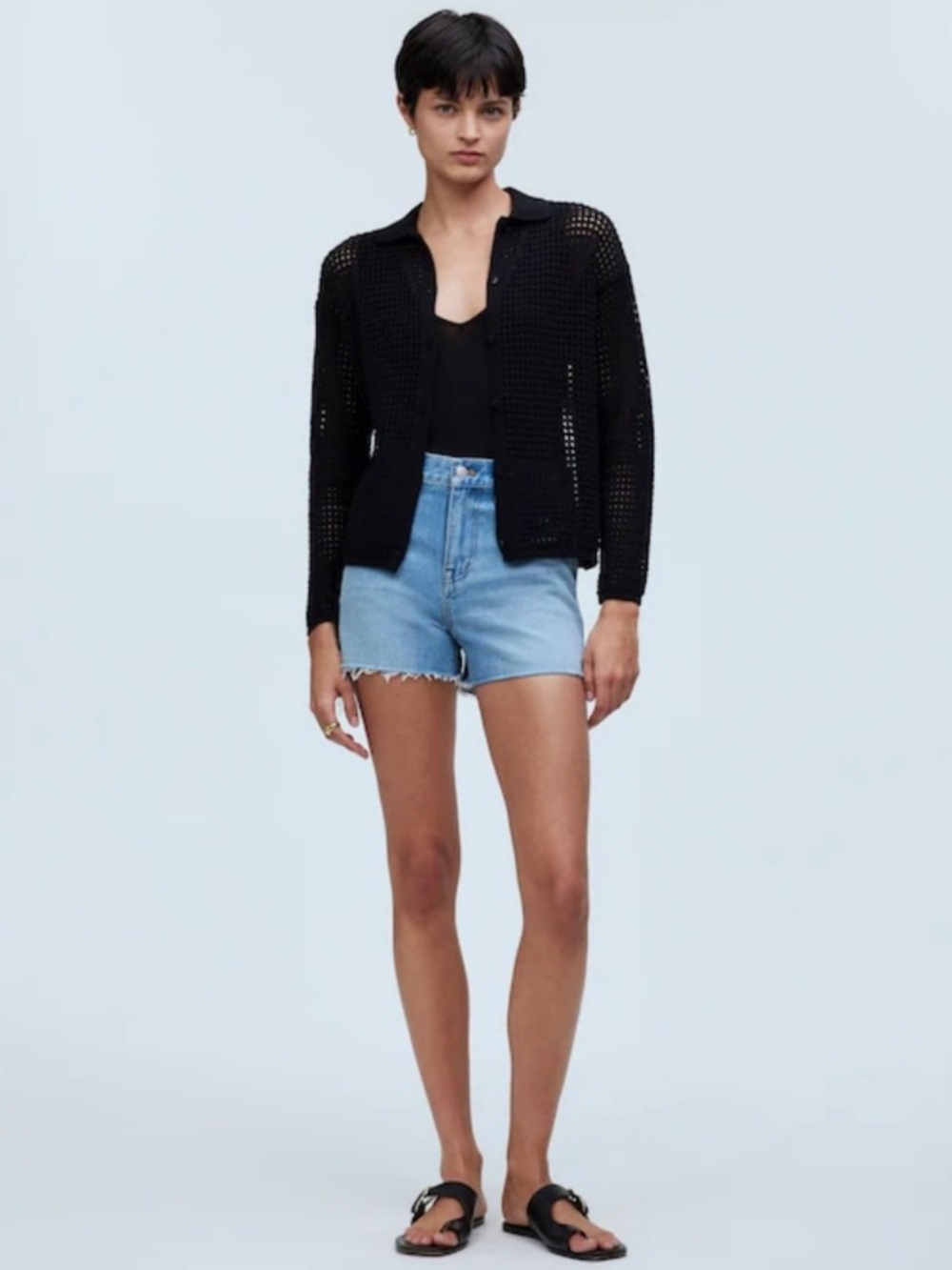 Madewell Open-Stitch Polo Cardigan Sweater Size XXS Black Minimalist Casual